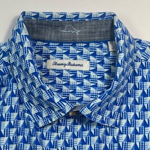 Tommy Bahama Men's XLarge Blue Art Deco Retro Pure Silk Short Sleeve Shirt